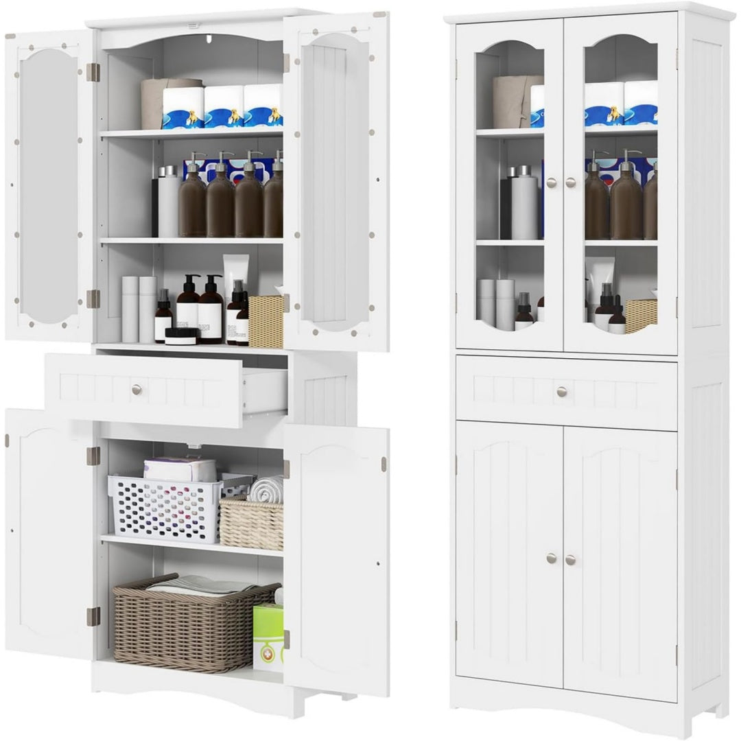 Meuble colonne en verre trempe gris clair, etageres modulables