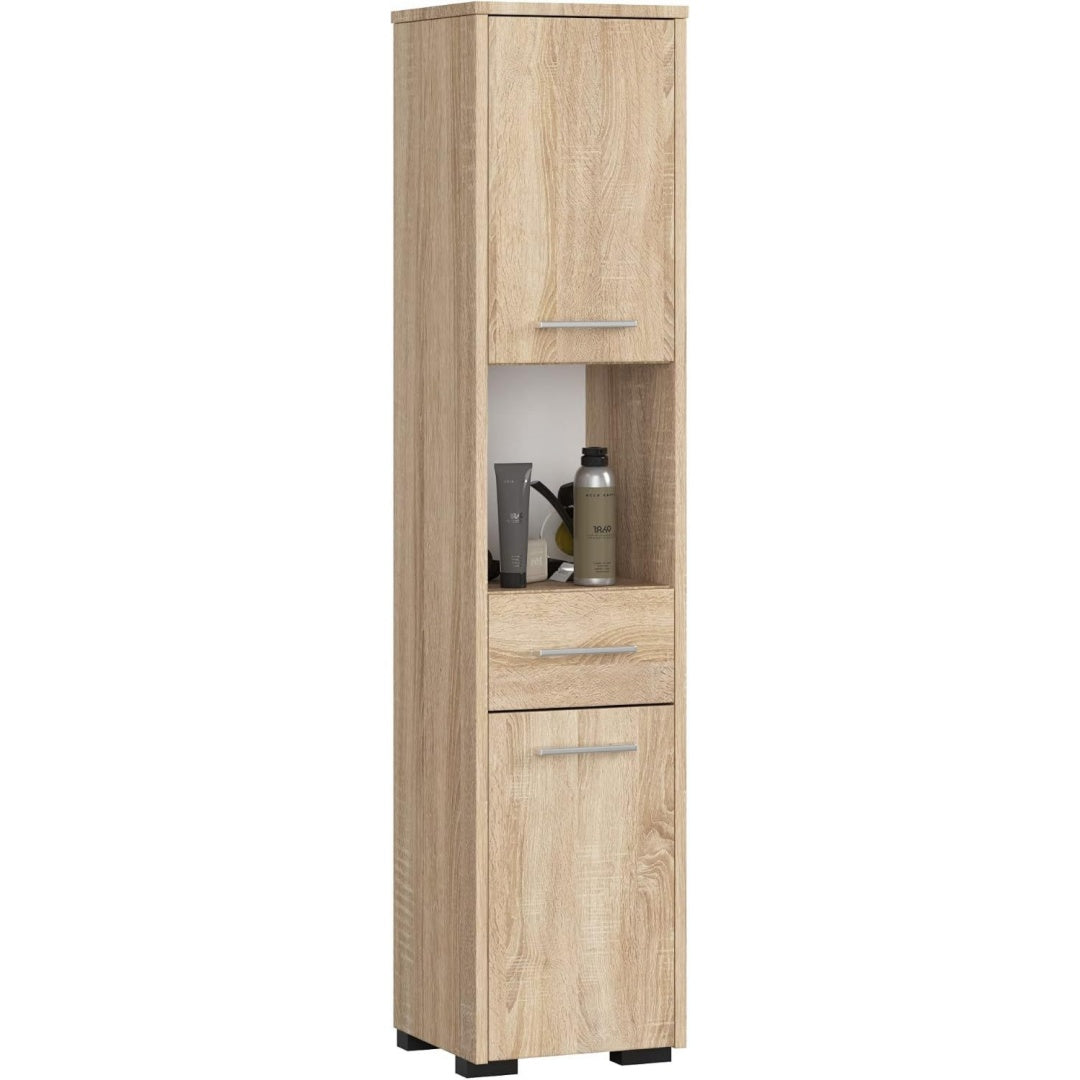 Meuble colonne design contemporain, teinte marron finition hevea