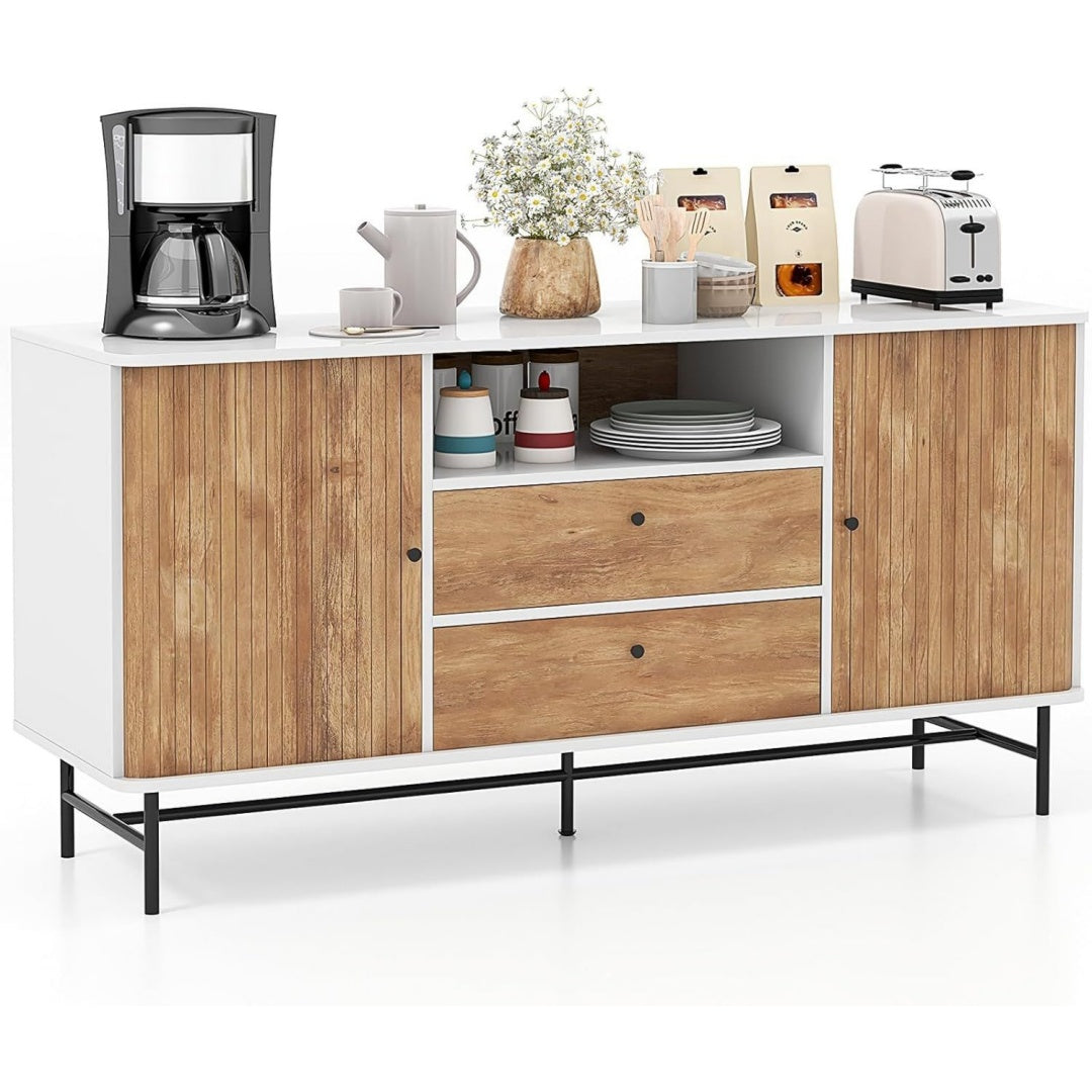 Credence esprit rustique, 2 tiroirs et 5 etageres beige