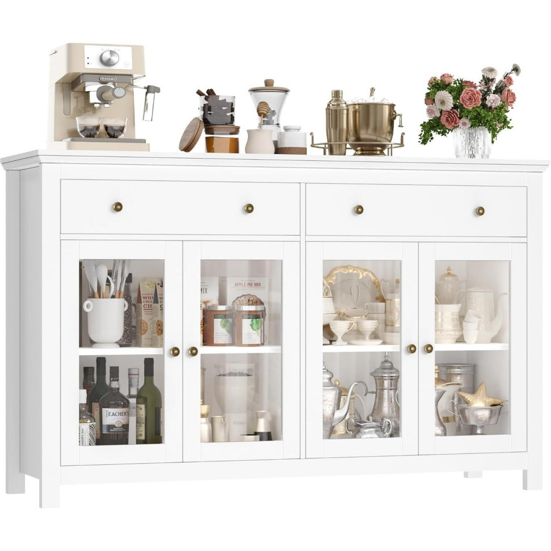 Esprit vintage buffet gris clair avec plateau en verre trempe