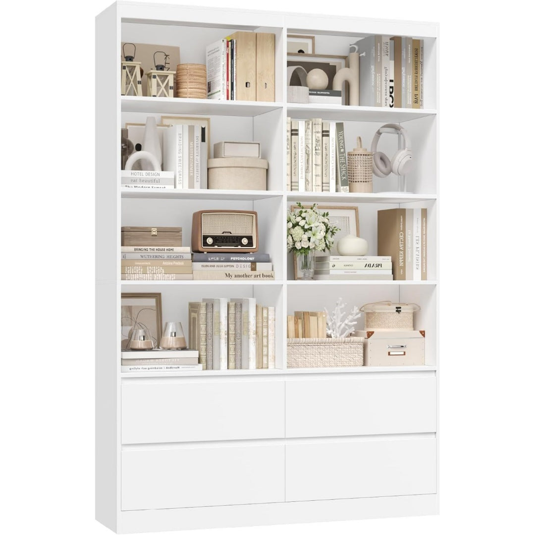 Bibliotheque gris clair 4 tiroirs style contemporain pratique