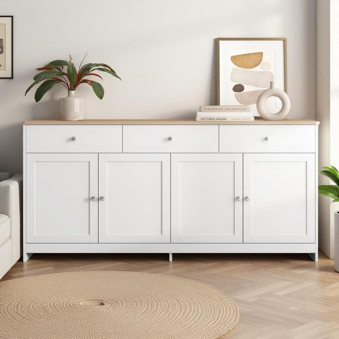 Sideboard gris clair, 3 tiroirs 4 portes