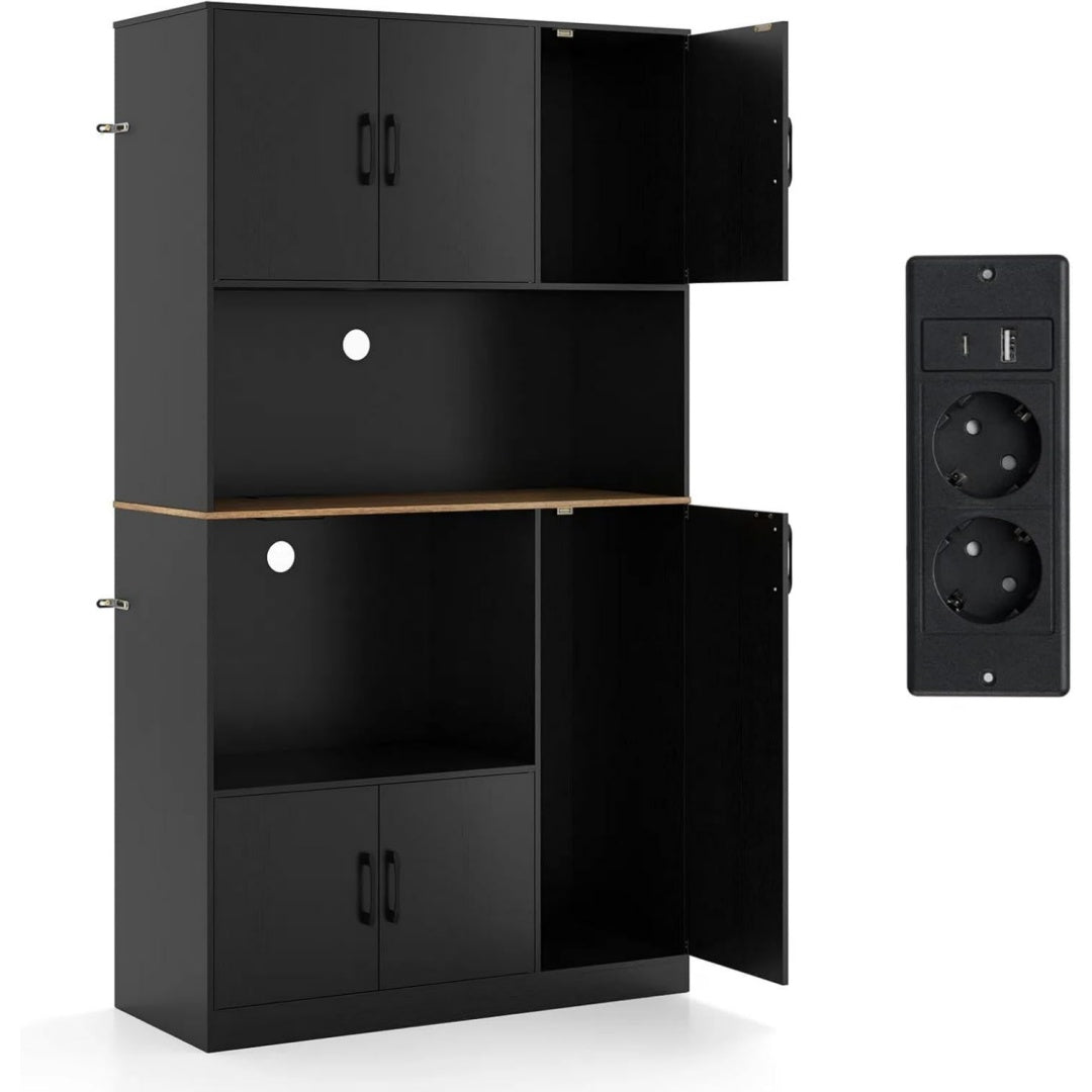 Buffet noir 2 etageres reglables, bois ingenierie et esprit fermier