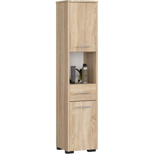 Meuble colonne design contemporain, teinte marron finition hevea