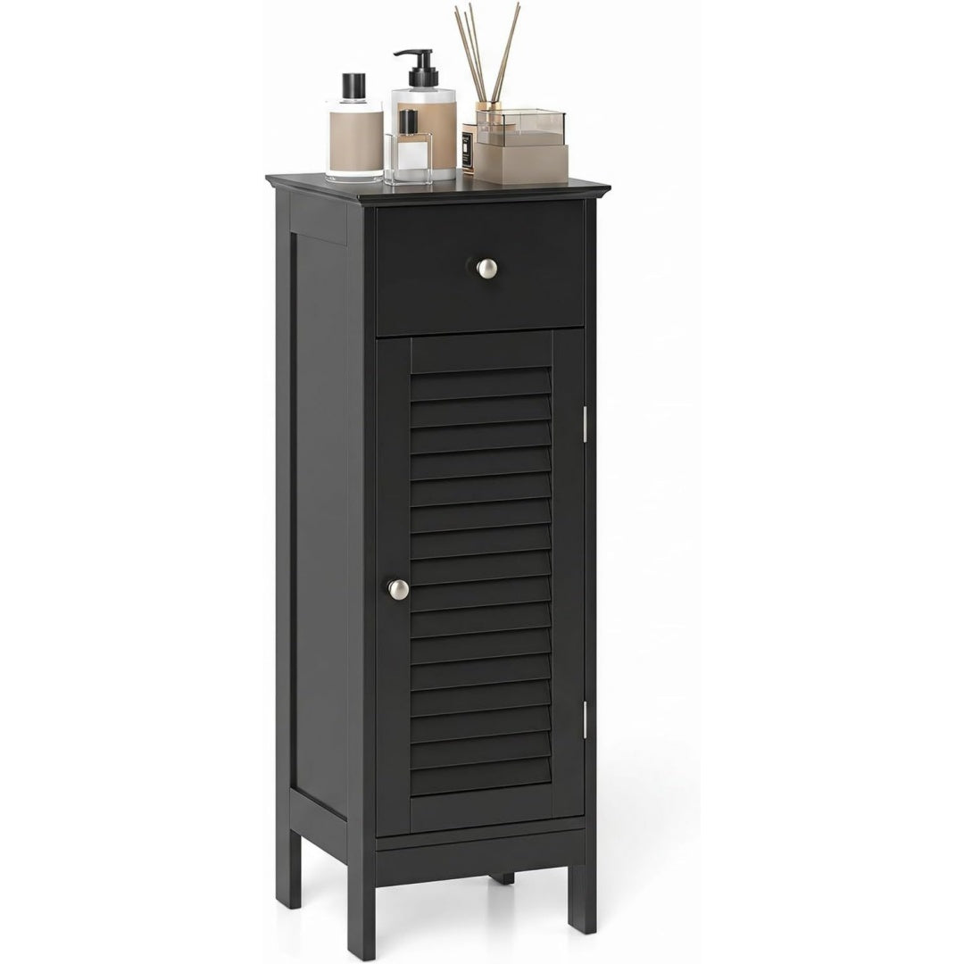Meuble sur pied gris fonce en bois d'ingenierie, design contemporain, rangement optimise