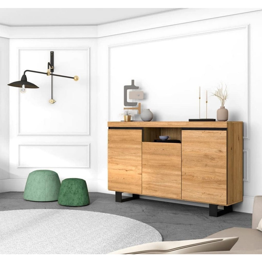 Enfilade gris clair 140 cm, 1 etagere et a 3 portes