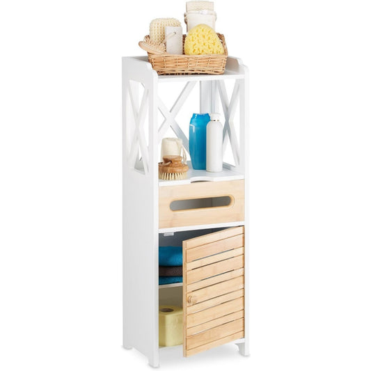 Meuble colonne design epure, teinte gris clair, rangement optimise bambou